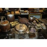 Collection of works of art to include binoculars, metal ware, inkwell, bellows etc (Qty)