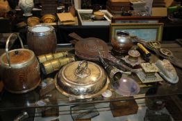 Collection of works of art to include binoculars, metal ware, inkwell, bellows etc (Qty)