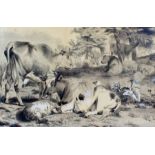 Alfred Bates, cows in a landscape, signed pencil and chalk, housed in a gilt glazed frame, the
