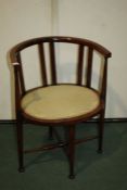20th century mahogany and upholstered tub chair, raised on turned legs and stretchers