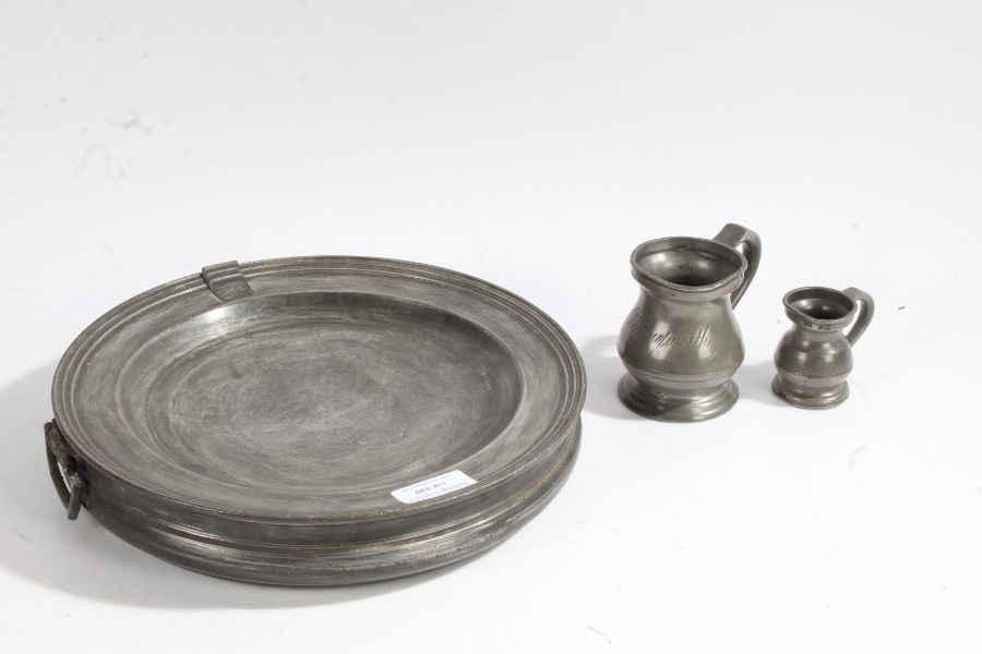 Three items of pewter to include a unusual Watts & Harton of London pewter hot plate together with