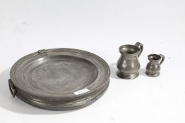 Three items of pewter to include a unusual Watts & Harton of London pewter hot plate together with