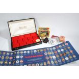 Mixed items to include a leather Ronson Varaflame case, the Esso collection of football club badges,