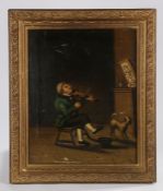 19th Century naïve painting, of a violinist and his dog, unsigned oil on canvas, 37cm x 46cm