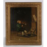 19th Century naïve painting, of a violinist and his dog, unsigned oil on canvas, 37cm x 46cm