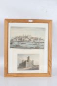 Two colour plates depicting the tower of London housed within a pine and glazed frame, 56cm by 46cm