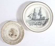 19th Century Swansea plate transfer decorated with a shipping scene, 23.5cm diameter, 19th Century