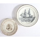 19th Century Swansea plate transfer decorated with a shipping scene, 23.5cm diameter, 19th Century