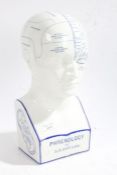 A good Chemist shop white porcelain phrenology head, by L N Fowler, of typical form in blue