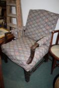 Mahogany open arm Gainsborough arm chair, with a upholstered back and seat together with carved