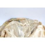 Large golden silk cloth, woven with a religious scene, with tasseled edges, approx. 234cm long,