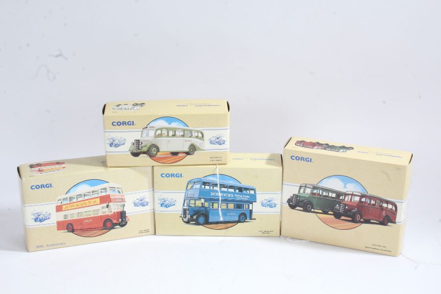 Four Corgi Classic Commercials, Bedford OB Grey Green, Bedford OB's From Corkills to Kasteel, Guy
