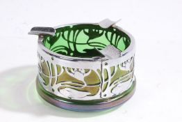 Art Nouveau Green Iridescent Glass ashtray with a white metal mount, 11cm wide