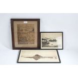 Two landscapes and one military cartoon Three etchings, two signed in pencil, each on wove, 210 x