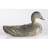 A late 19th century painted wooden decoy duck, speckled & flecked plumage, 30cm long.