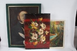 Three oil paintings, the first a portrait study of a gentleman holding a quill, another of a still