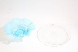 Mid 20th century Arcoroc Glass dish or plate together with a blue frilled glass bowl (2)