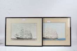 P. Froud, British School, pair of watercolours depicting the same four masted sailing ship in