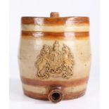 Victorian salt glazed stoneware spirit barrel, the body with royal coat of arms, 25cm wide, 26cm