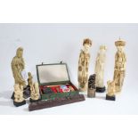 Collection of Chinese resin figures, to include an Emperor and Empress, a carved soapstone seal, two