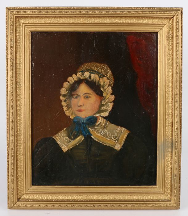 British School (19th century) Naive portrait of a lady in bonnet, oil on board, 34cm x 27.5cm - Image 2 of 2