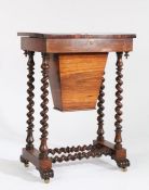 Victorian rosewood sewing table, the hinged rectangular top opening to reveal a fitted interior with