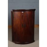 George III mahogany bow fronted hanging corner cupboard, with a pair doors opening to reveal three