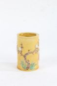 Chinese porcelain brush pot, applied with a blossoming tree on yellow ground, unmarked, 10cm high