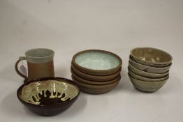 Five Lowerdown Pottery bowls, four Town Mill pottery shallow bowls by Berey Pealing, studio