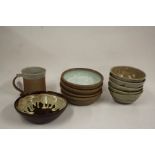 Five Lowerdown Pottery bowls, four Town Mill pottery shallow bowls by Berey Pealing, studio