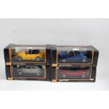 Four Maisto boxed models, 2 x Alfa Romeo Spider's (1995) 1:18, Citreon 2CV (1952) 1:18, and Honda