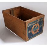 Canadian Apples wooden advertising crate, with paper label to one side, Selling Agents Associated