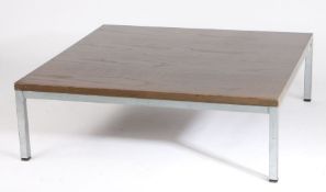 20th century oak effect low coffee table, of square form, with metal framed base and legs, 100cm