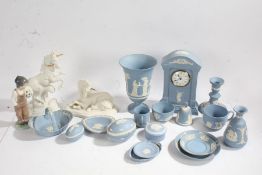 Large collection of Wedgwood blue jasperware to include mantle clock, candlestick, cups etc together