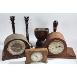Collection of works of art to include two 20th century mantle clocks, pair of metal candle sticks,