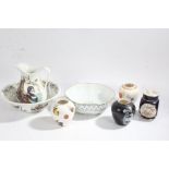 Three Crown Devon porcelain vases, together with a Carlton Ware vase and cover, the cover AF, a