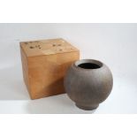 Contemporary Chinese pot, of bulbous form, housed in original pine box, the pot 21cm tall