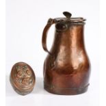 An 18th/19th century copper tavern jug, with hinged lid, strap handle, bulbous body, 29cm height;