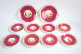 Set of eight 19th century hand painted plates together with two serving plates, decorated with