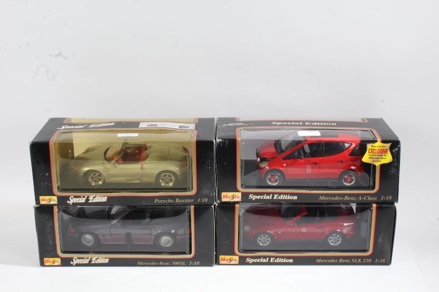 Four Maisto boxed models, Porsche Boxster 1:18, Mercedes-Benz 500SL (1989) 1:18, Mercedes-Benz A-