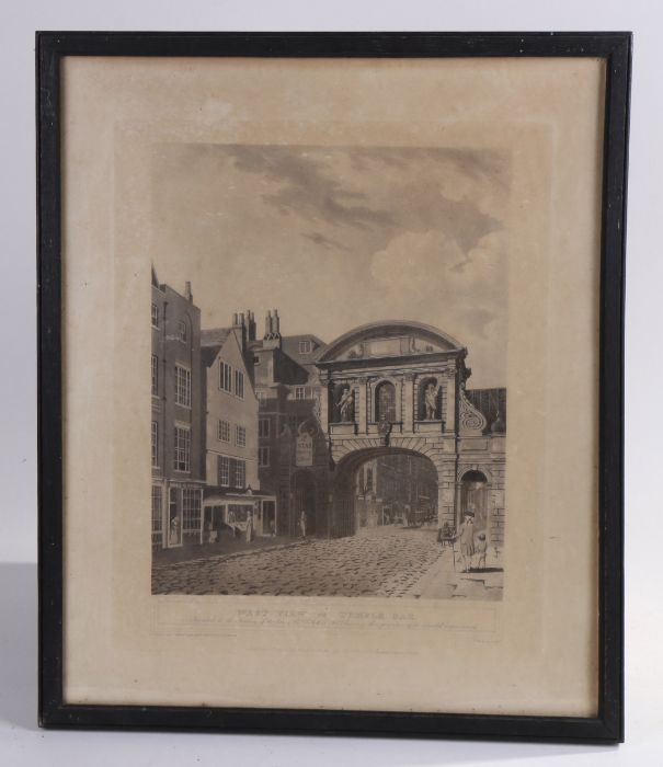 19th Century black and white print, West View of Temple Bar, 38cm wide x 46cm high, housed within