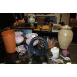 Mixed glass and china to include a pair of mottled glass shades, pottery  vase, small Japanese