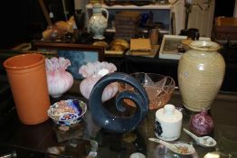 Mixed glass and china to include a pair of mottled glass shades, pottery  vase, small Japanese