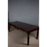 20th century hardwood refectory table, rectangular top above turned legs, 220cm wide 90cm deep,