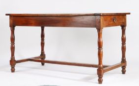 19th Century cherry wood dining table, the four plank top above frieze drawers to each end, raised