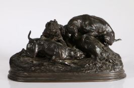 After Pierre Jules Mene, bronzed metal sculpture, Three dogs at the fox hole, signed P J Mene,