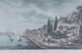 18th Century hand coloured print depicting the quay of Naples, inscribed "Vue de l'Extremite du Quay