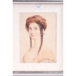 Late 18th/19th century portrait study of a lady with braided hair, unsigned, watercolour on paper,