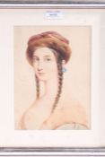 Late 18th/19th century portrait study of a lady with braided hair, unsigned, watercolour on paper,