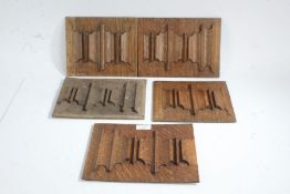 Set of five 19th/20th century oak linen fold panels of typical form, the largest 24cm by 17cm